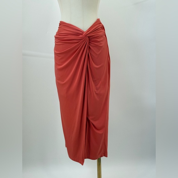 Express Coral Draped Midi Skirt with Twist Waist Sophisticated Evening Look - Picture 3 of 11